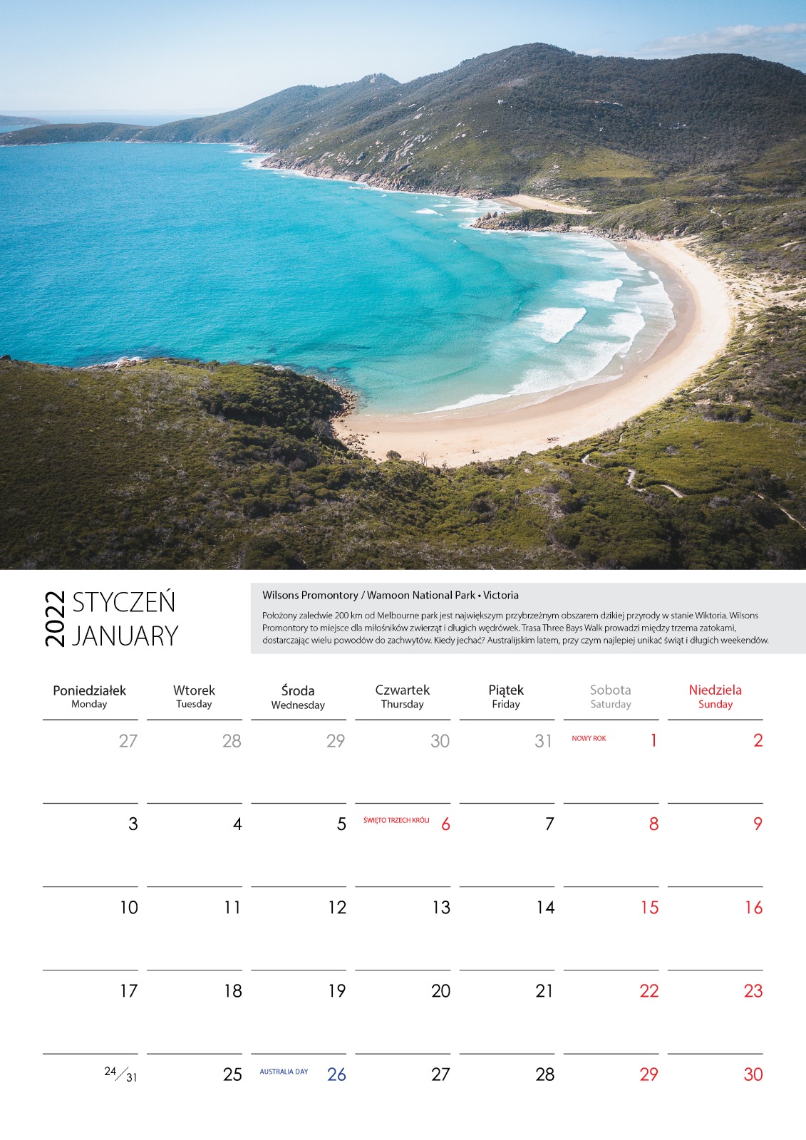 Kalendarz Australia 2022 Styczen